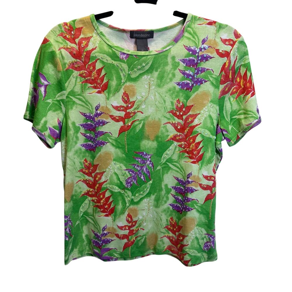 Maximalist Resortwear 90s Tropical Floral Sequin Short Sleeve Cotton Top Medium